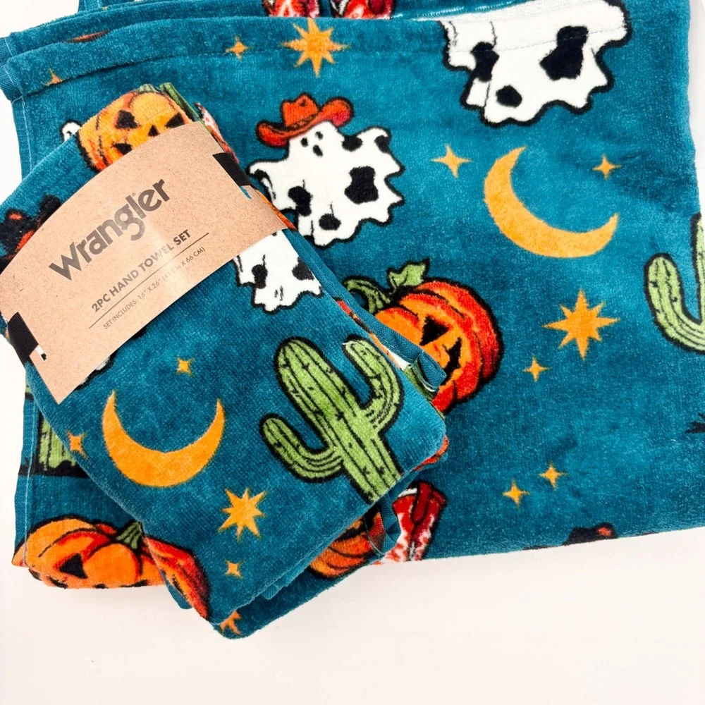 Wrangler Halloween Towel Set 4pc Teal Cowboy Ghost Pumpkin Cactus Cotton NEW
